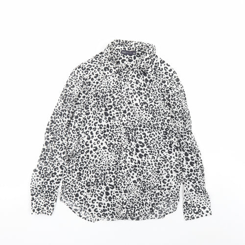 Marks and Spencer Womens Black Animal Print Cotton Basic Button-Up Size 8 Collared - Leopard Pattern