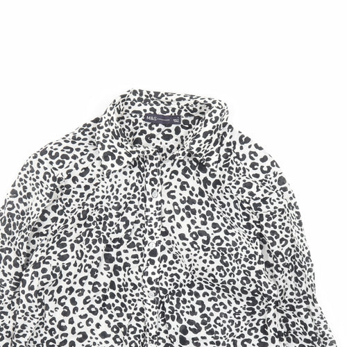 Marks and Spencer Womens Black Animal Print Cotton Basic Button-Up Size 8 Collared - Leopard Pattern