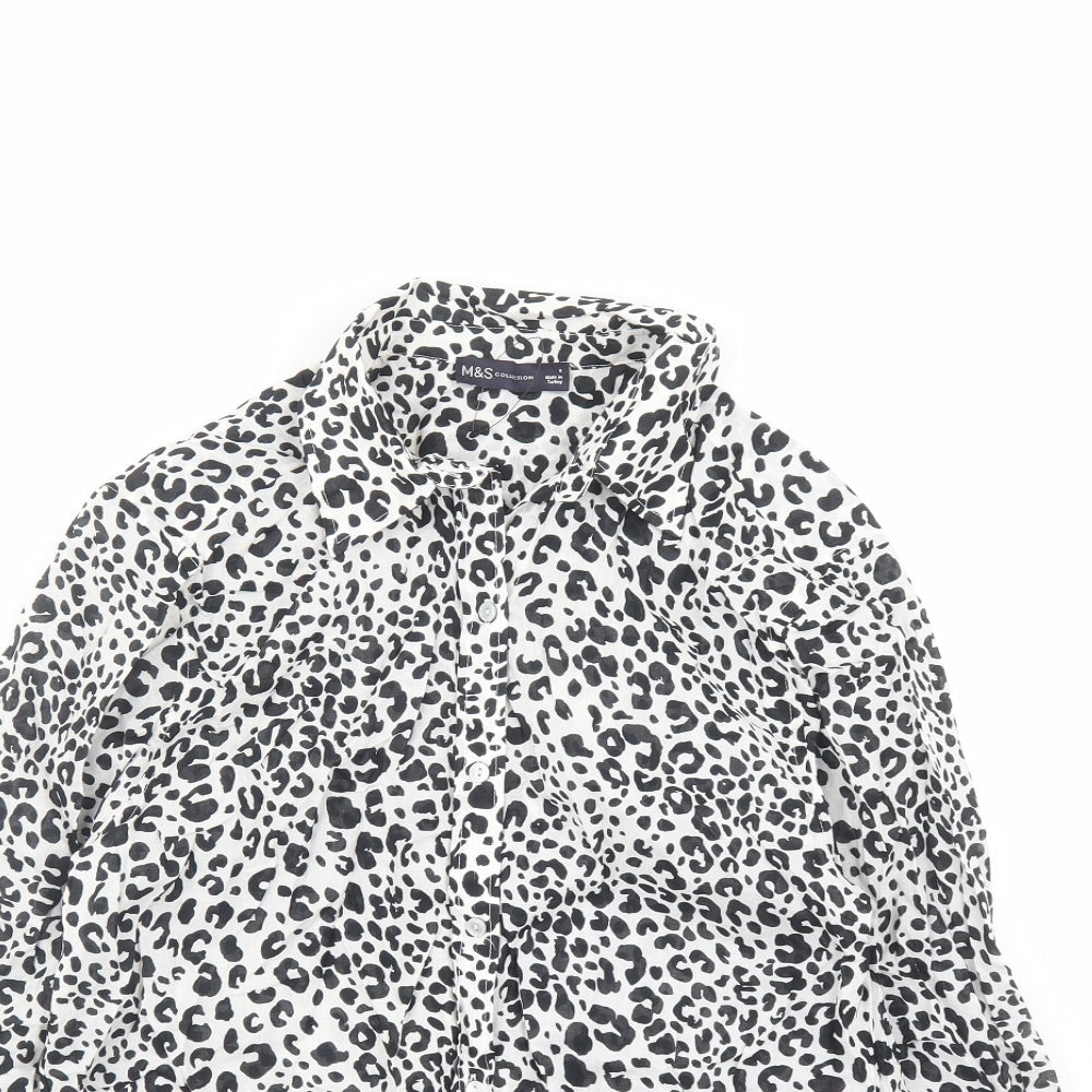 Marks and Spencer Womens Black Animal Print Cotton Basic Button-Up Size 8 Collared - Leopard Pattern