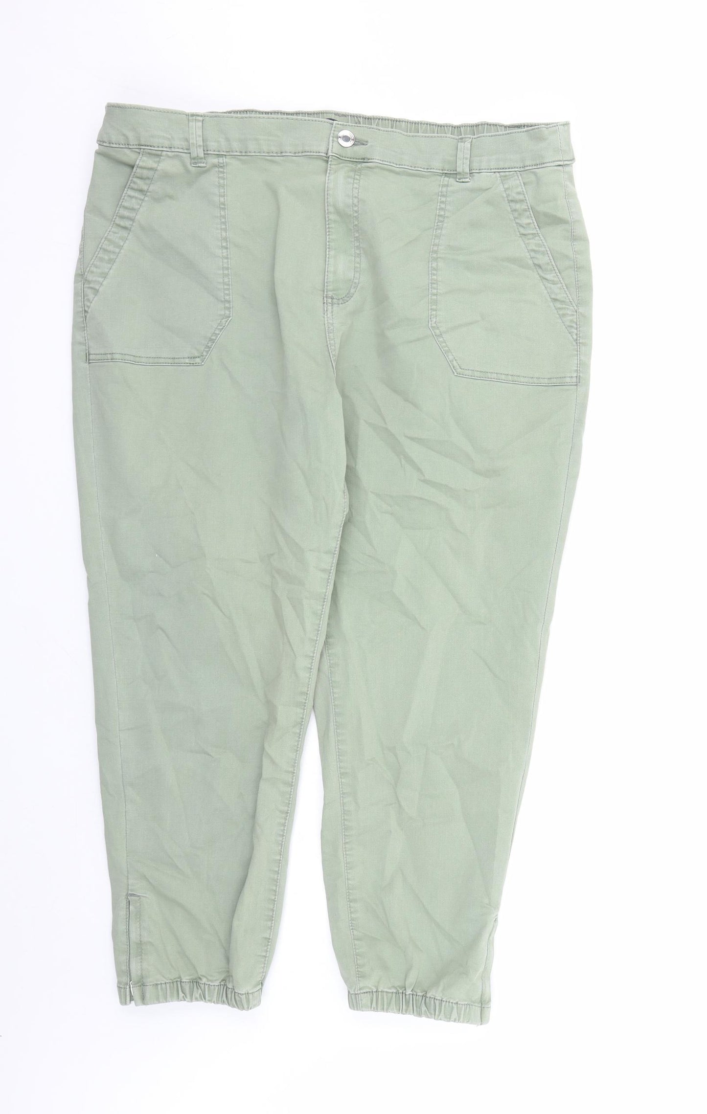 Marks and Spencer Womens Green Cotton Straight Jeans Size 20 L26 in Regular Zip - Elasticated Waist Ankle Zip Detail