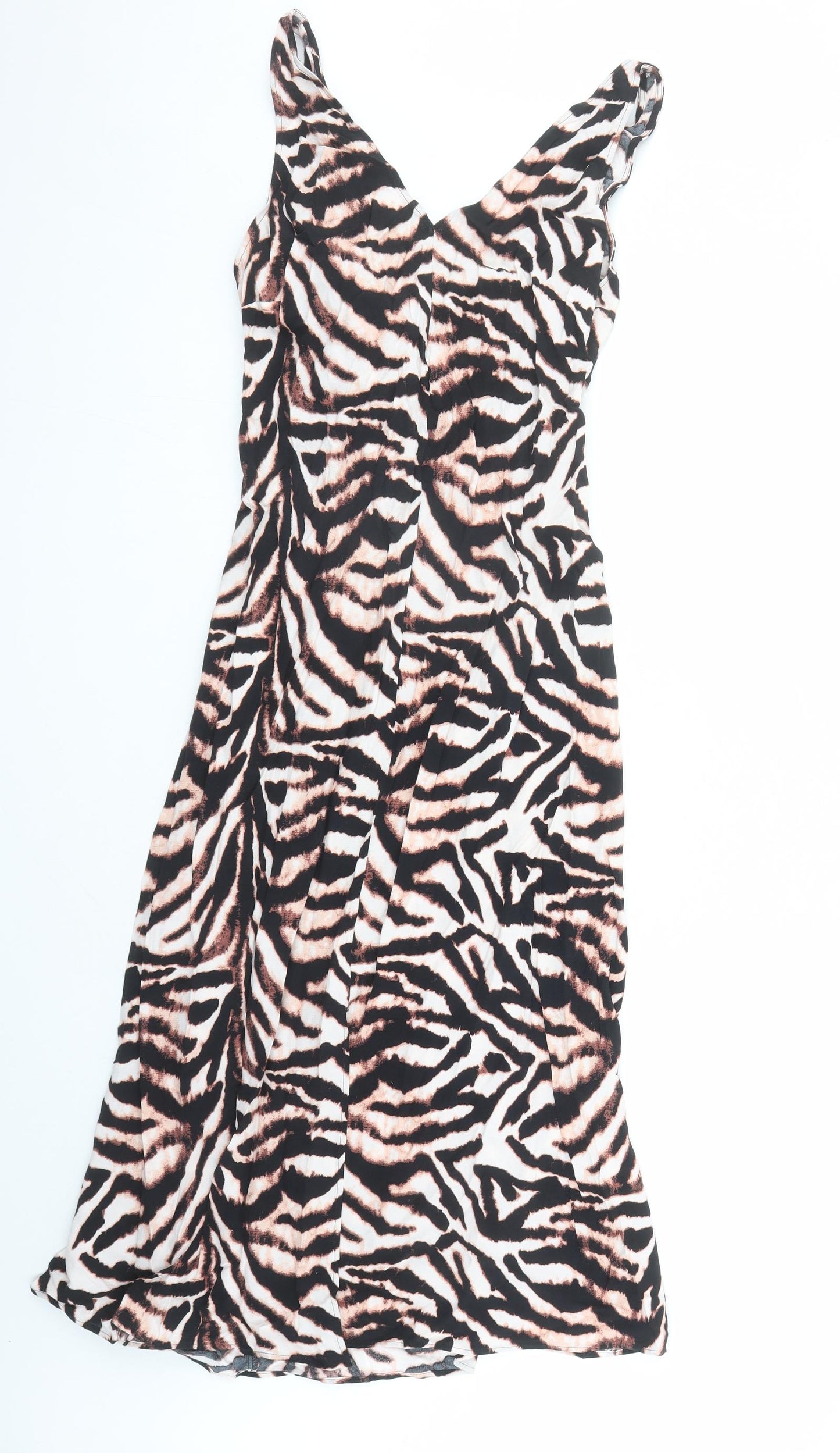 Marks and Spencer Womens Brown Animal Print Viscose A-Line Size 14 V-Neck Pullover - Tiger Pattern
