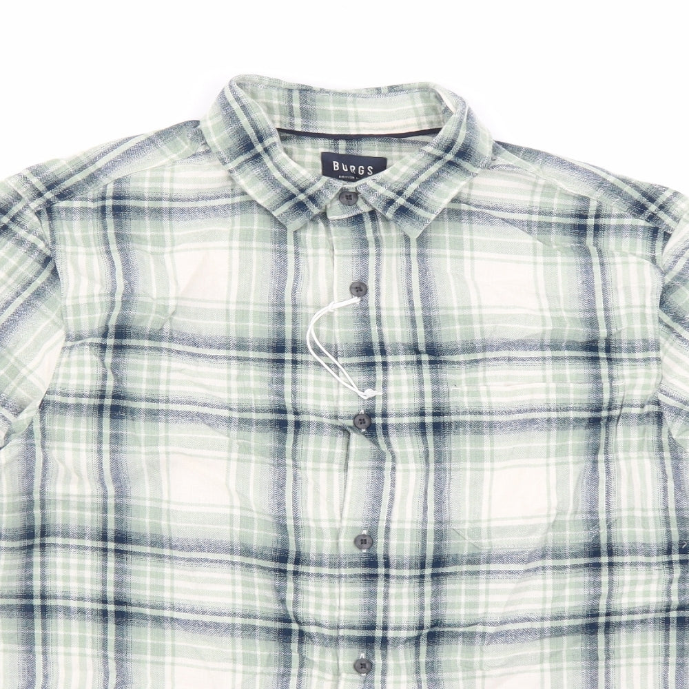 Burgs Mens Green Plaid Cotton Button-Up Size L Collared Button