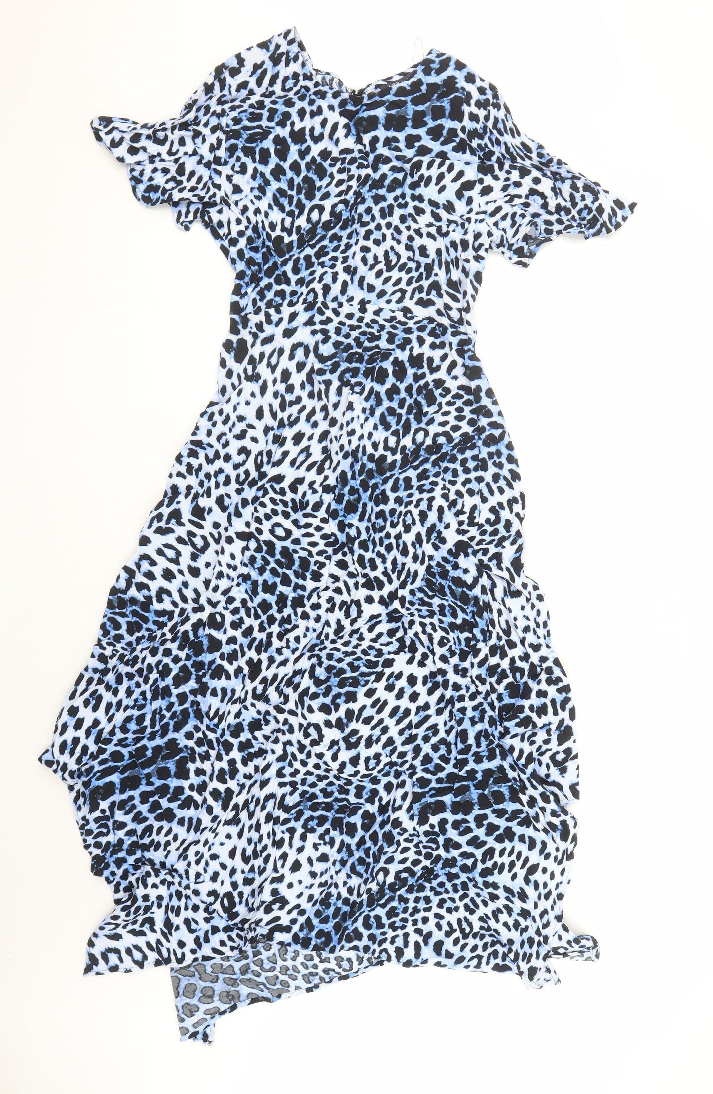 Marks and Spencer Womens Blue Animal Print Viscose Fit & Flare Size 8 Round Neck Button - Leopard Pattern