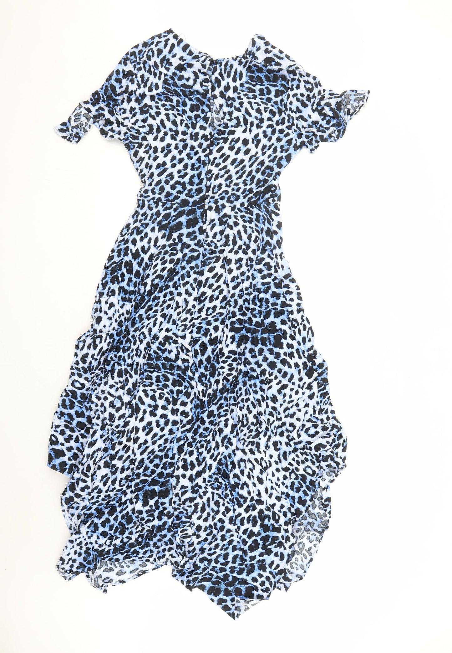 Marks and Spencer Womens Blue Animal Print Viscose Fit & Flare Size 8 Round Neck Button - Leopard Pattern