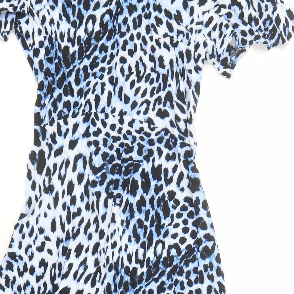 Marks and Spencer Womens Blue Animal Print Viscose Fit & Flare Size 8 Round Neck Button - Leopard Pattern