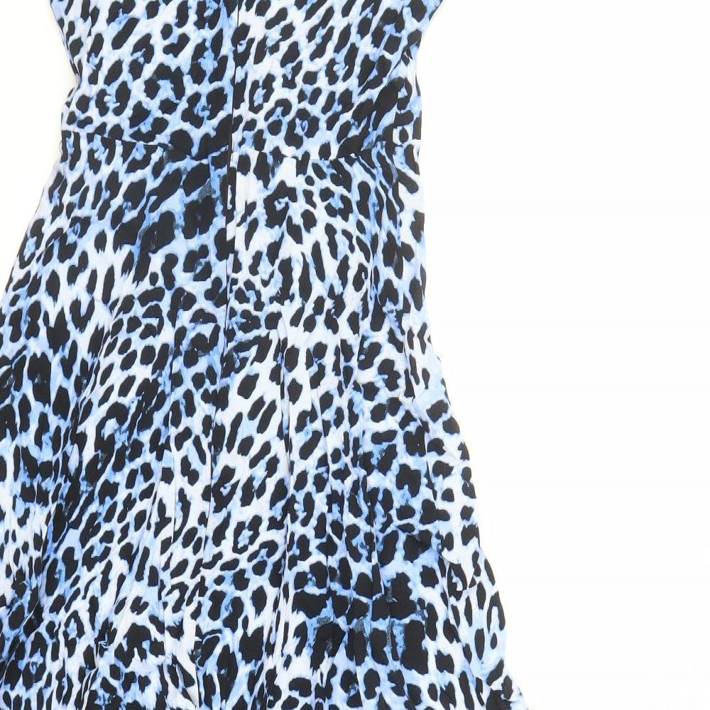 Marks and Spencer Womens Blue Animal Print Viscose Fit & Flare Size 8 Round Neck Button - Leopard Pattern