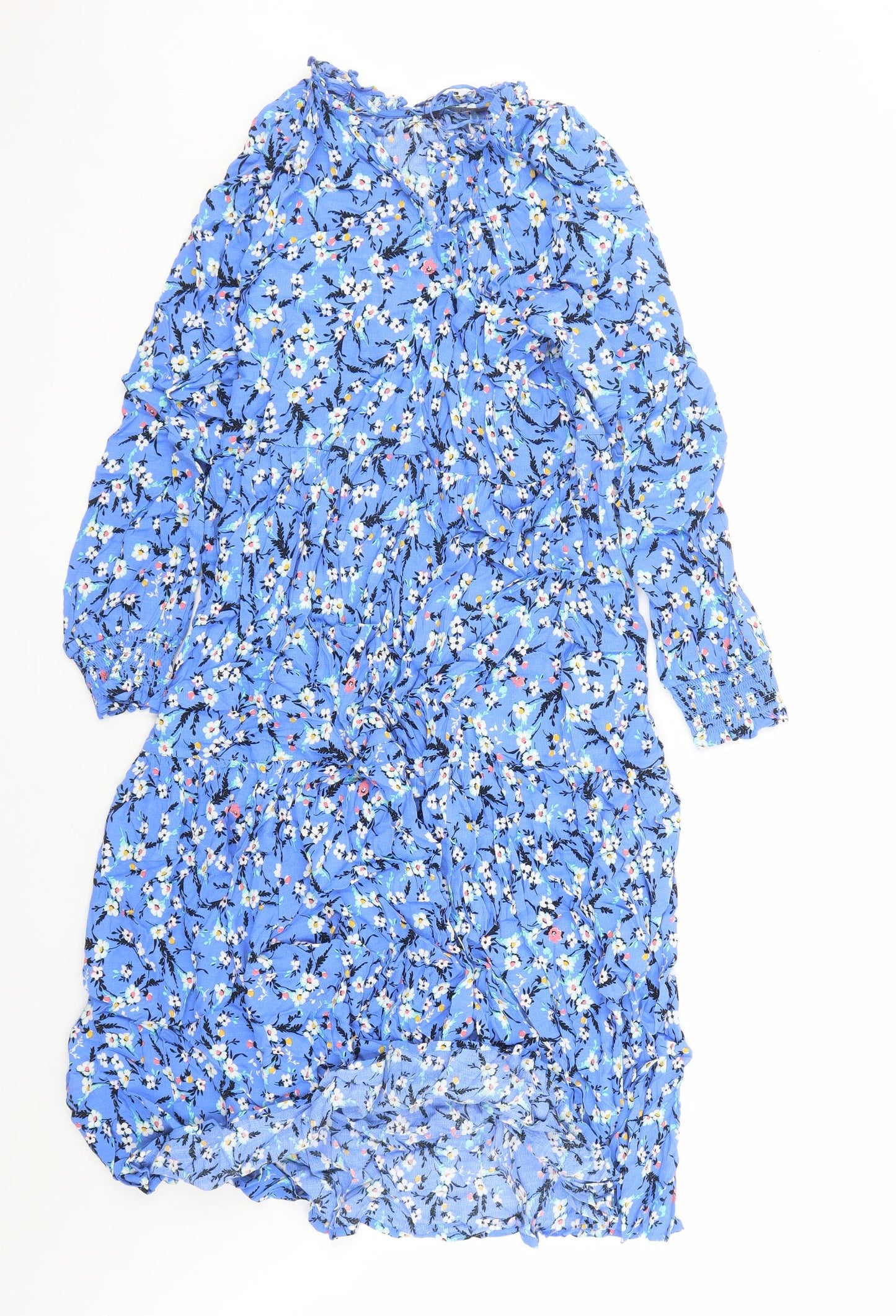 Marks and Spencer Womens Blue Floral Viscose A-Line Size 10 V-Neck Pullover