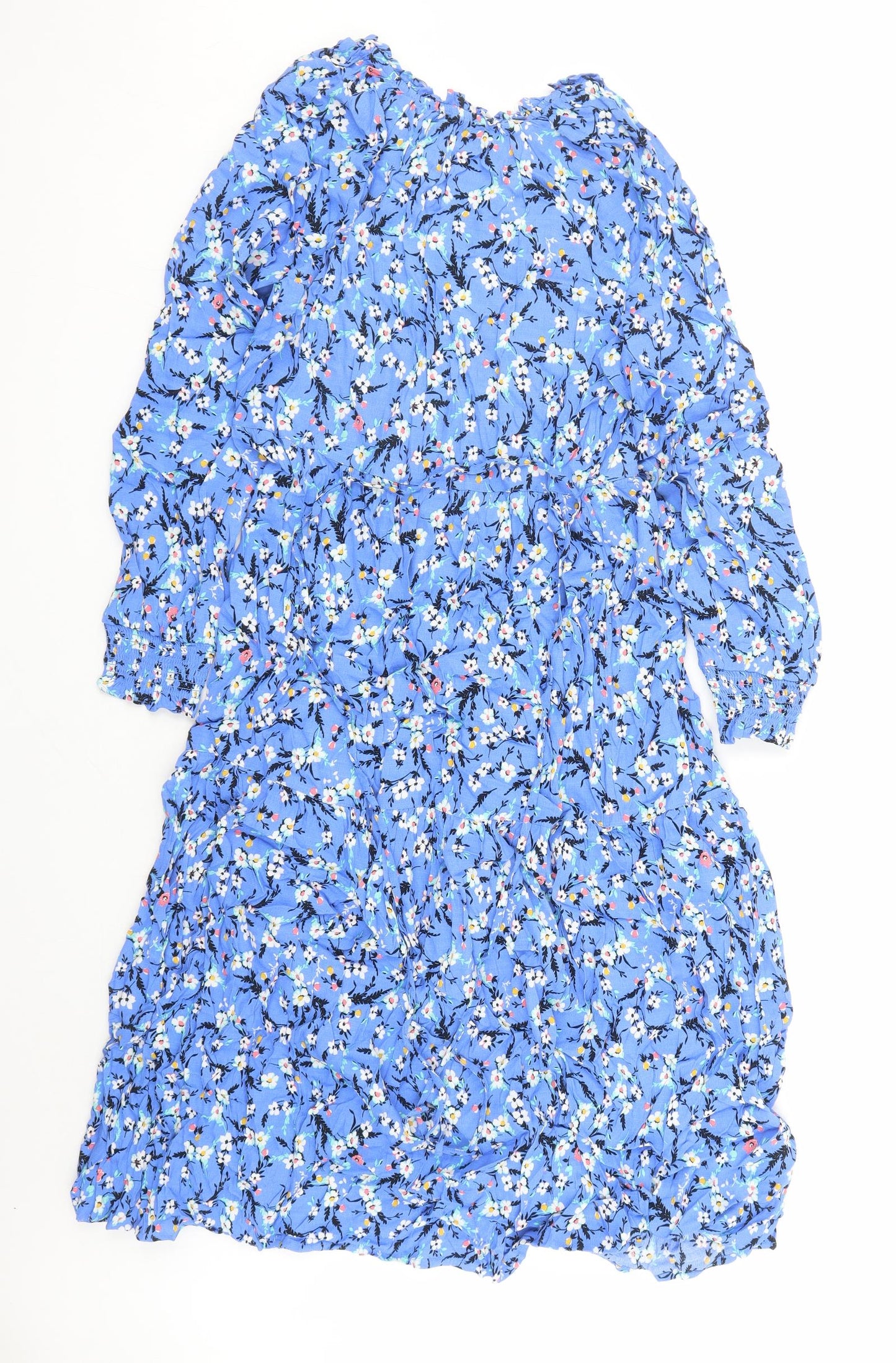 Marks and Spencer Womens Blue Floral Viscose A-Line Size 10 V-Neck Pullover