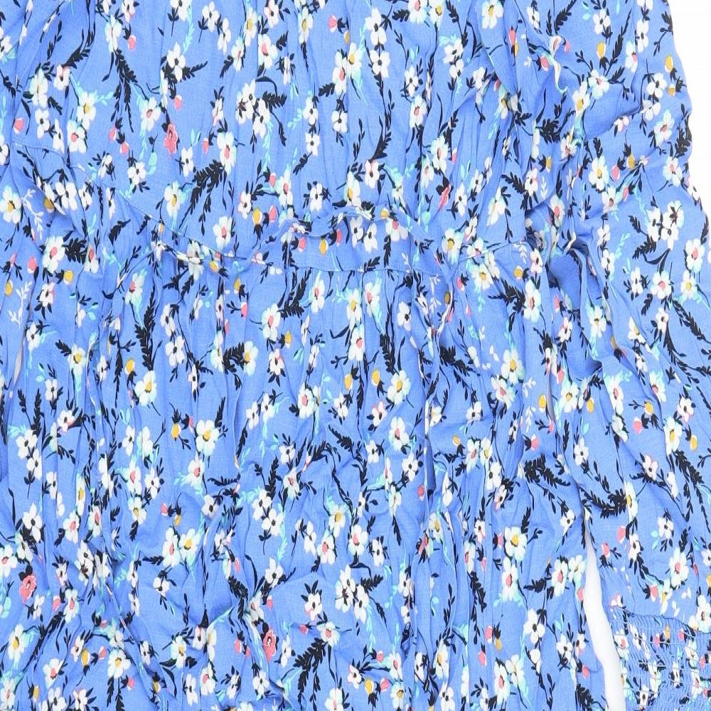Marks and Spencer Womens Blue Floral Viscose A-Line Size 10 V-Neck Pullover