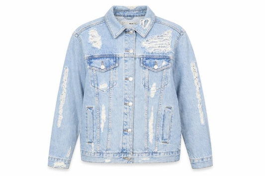 Front view of Topshop women’s blue jacket, size UK 8, button - distressed