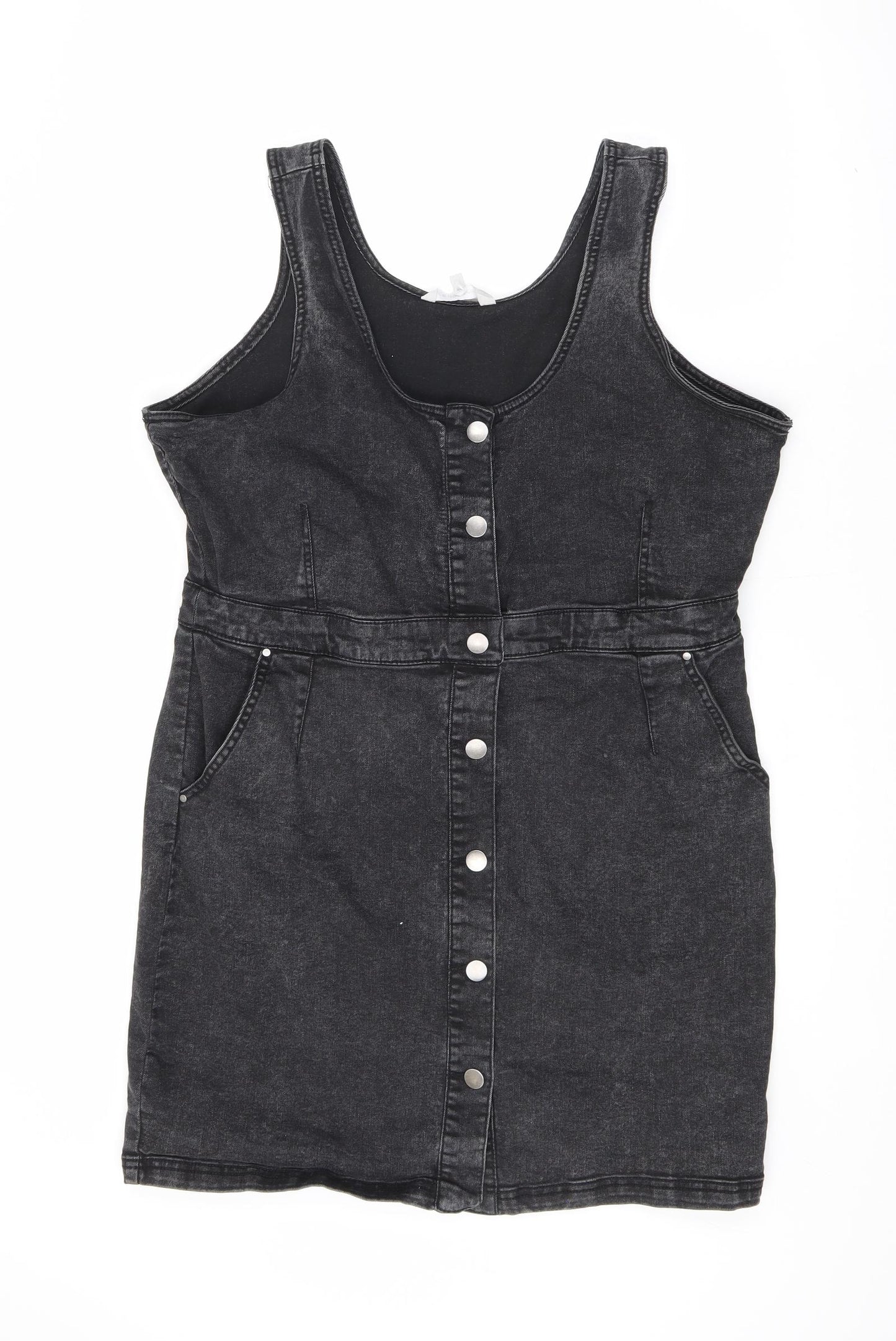 Red Herring Womens Black Cotton A-Line Size 16 Square Neck Button - Washed Look