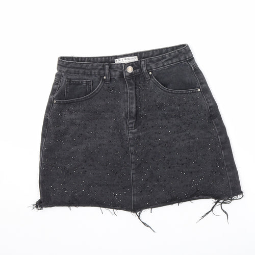 Denim & Co. Womens Black Cotton A-Line Skirt Size 8 Zip - Embellished, Raw Hem