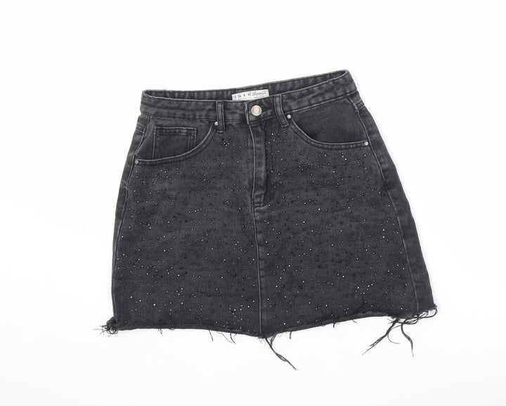 Denim & Co. Womens Black Cotton A-Line Skirt Size 8 Zip - Embellished, Raw Hem