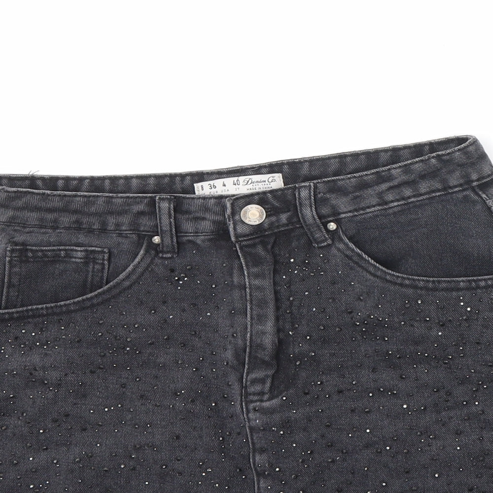 Denim & Co. Womens Black Cotton A-Line Skirt Size 8 Zip - Embellished, Raw Hem