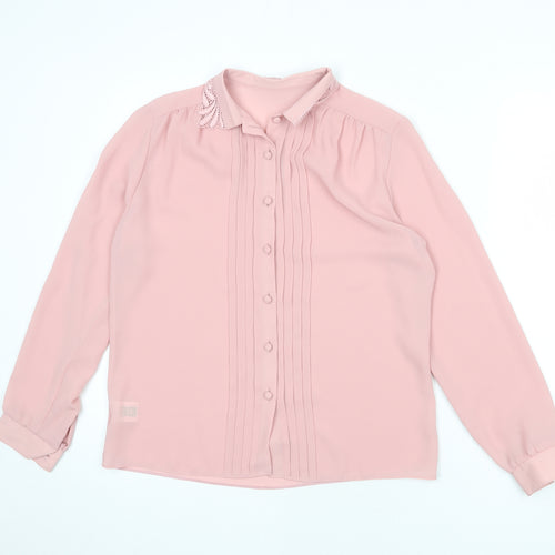 St Michael Womens Pink Polyester Basic Button-Up Size 12 Collared - Lace Detail