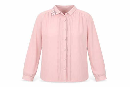 Front view of St Michael women’s pink polyester basic button-up, size UK 12, collared - lace detail