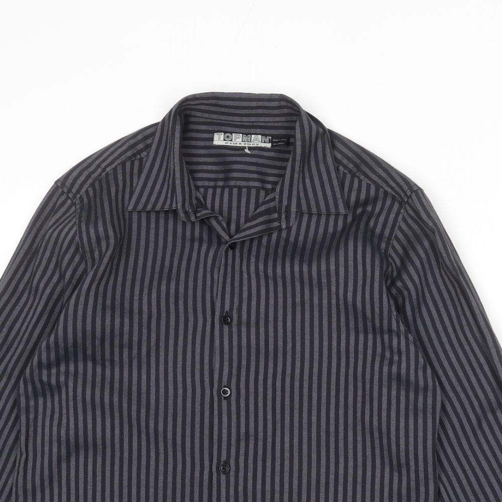 Topman Mens Grey Striped Cotton Button-Up Size M Collared Button