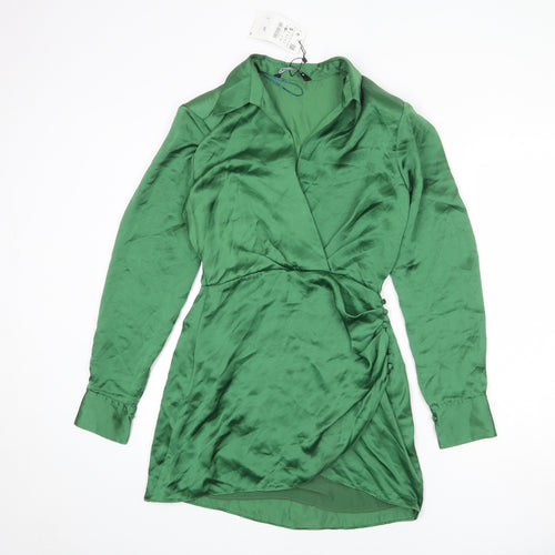 Zara Womens Green Polyester Shirt Dress Size S Collared Zip
