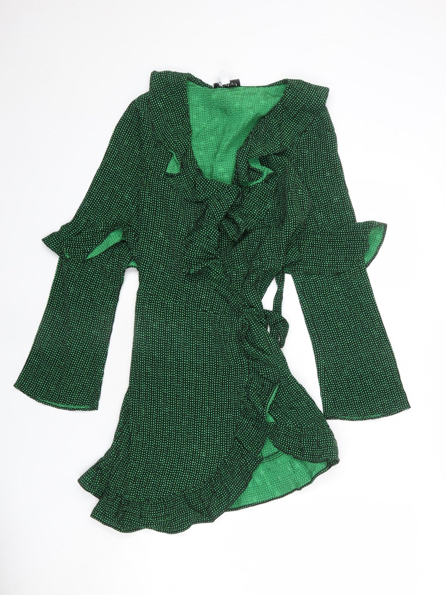 Topshop Womens Green Geometric Viscose Wrap Dress Size 8 V-Neck Tie - Ruffle Detail