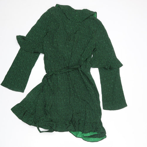 Topshop Womens Green Geometric Viscose Wrap Dress Size 8 V-Neck Tie - Ruffle Detail