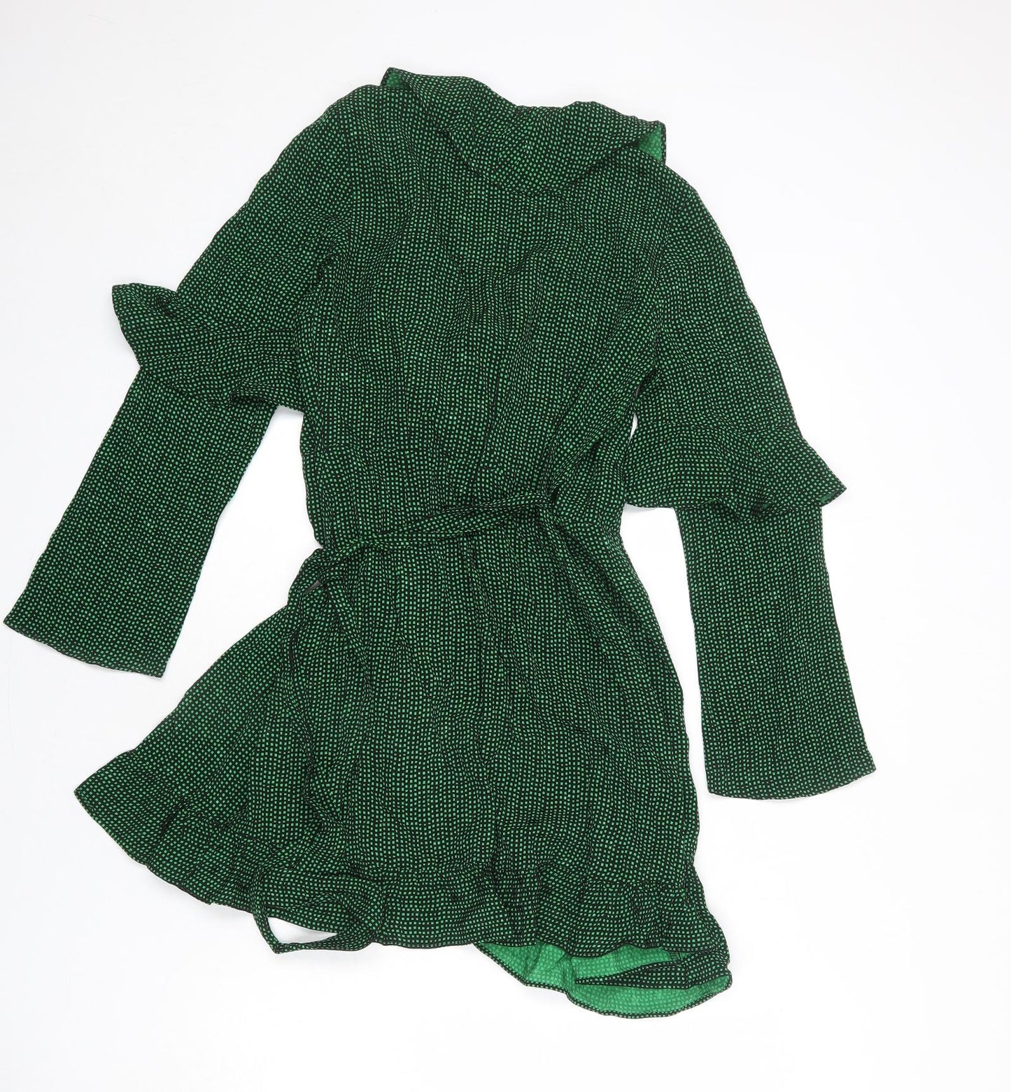 Topshop Womens Green Geometric Viscose Wrap Dress Size 8 V-Neck Tie - Ruffle Detail