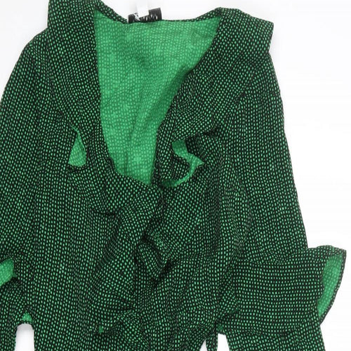 Topshop Womens Green Geometric Viscose Wrap Dress Size 8 V-Neck Tie - Ruffle Detail