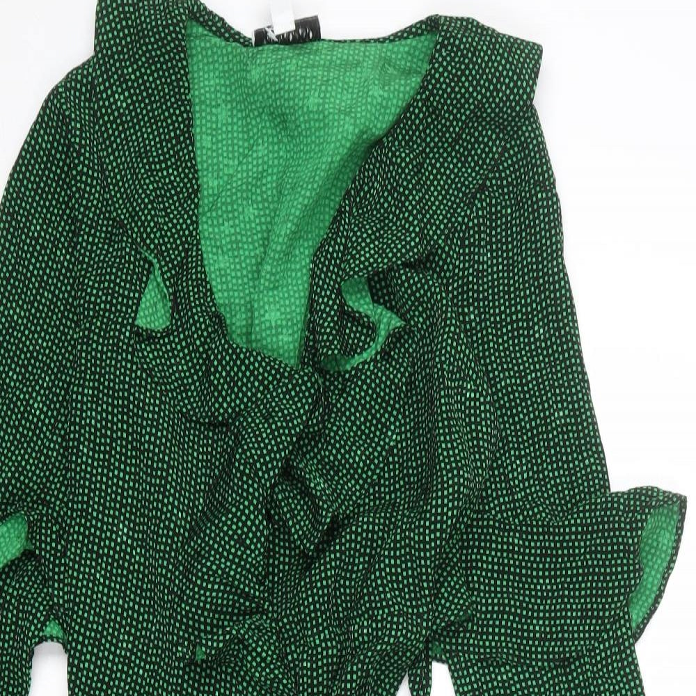 Topshop Womens Green Geometric Viscose Wrap Dress Size 8 V-Neck Tie - Ruffle Detail