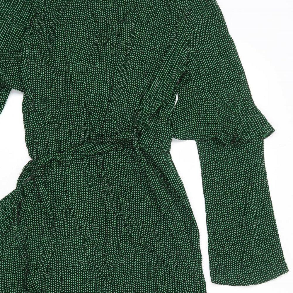 Topshop Womens Green Geometric Viscose Wrap Dress Size 8 V-Neck Tie - Ruffle Detail