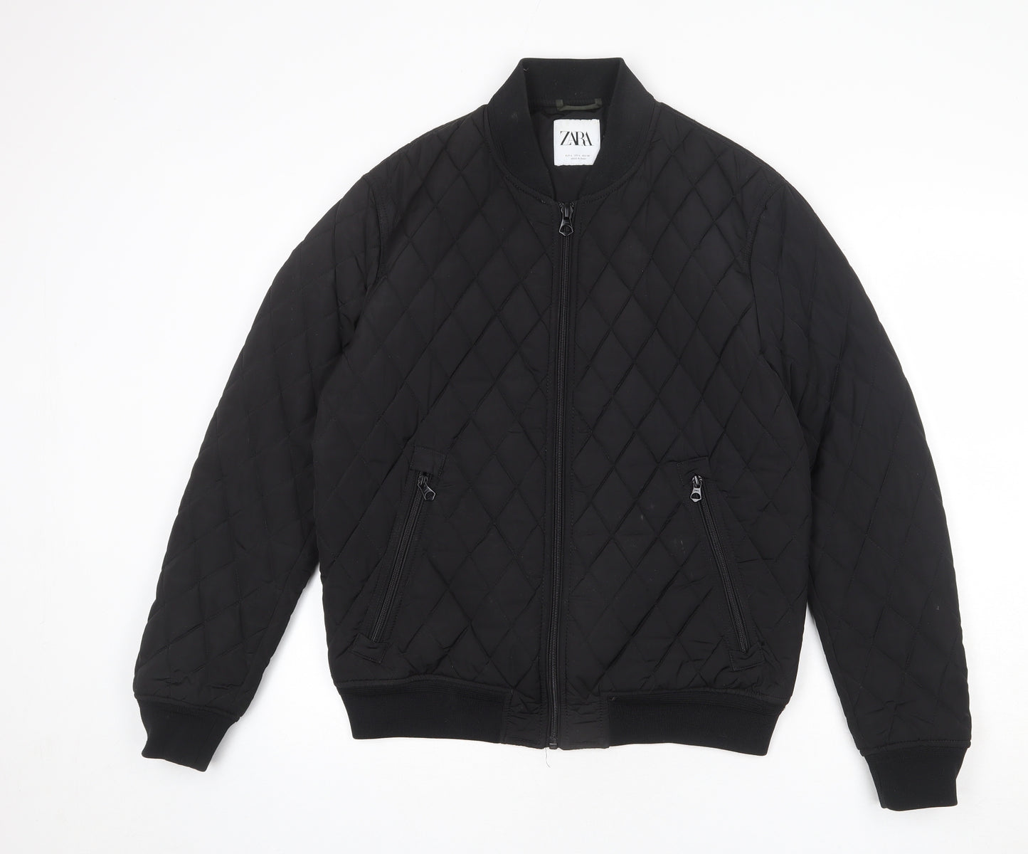 Zara Mens Black Quilted Coat Size L Zip
