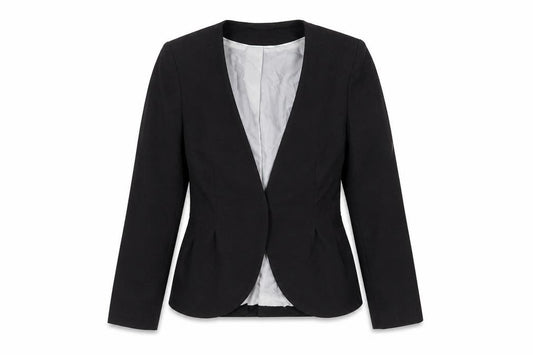Front view of H&M women’s black polyester jacket blazer, size UK 12, - pleated