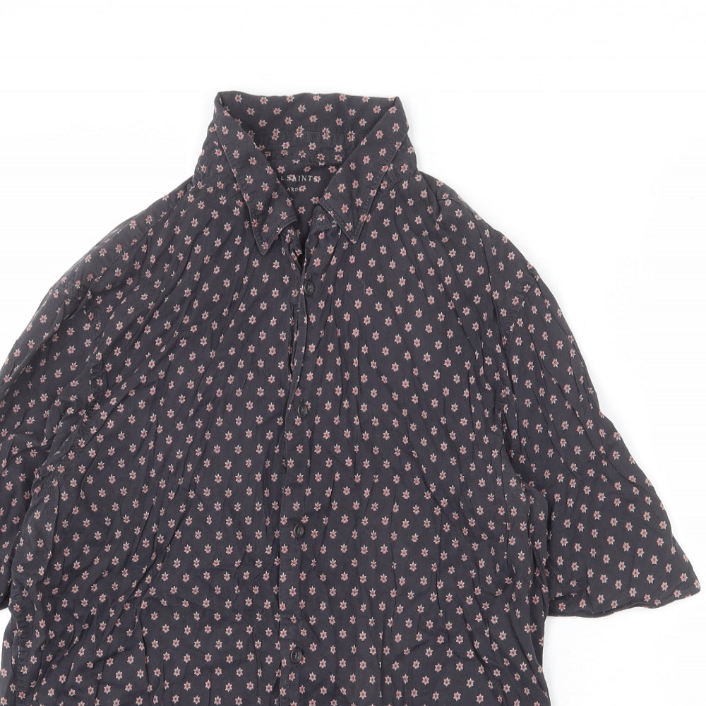 AllSaints Mens Grey Floral Cotton Button-Up Size L Collared Button