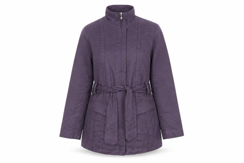 Front view of Klass women’s purple jacket coat, size UK 12, zip - belted