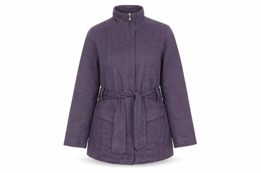 Front view of Klass women’s purple jacket coat, size UK 12, zip - belted