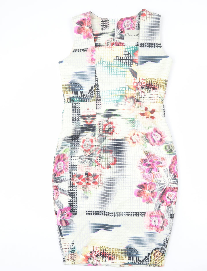 Cemel Womens Multicoloured Geometric Polyester Pencil Dress Size 12 Round Neck Zip