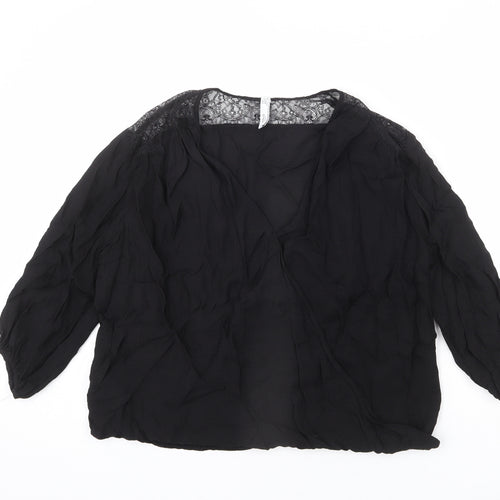 Mango Womens Black Viscose Basic Blouse Size L V-Neck - Lace Detail