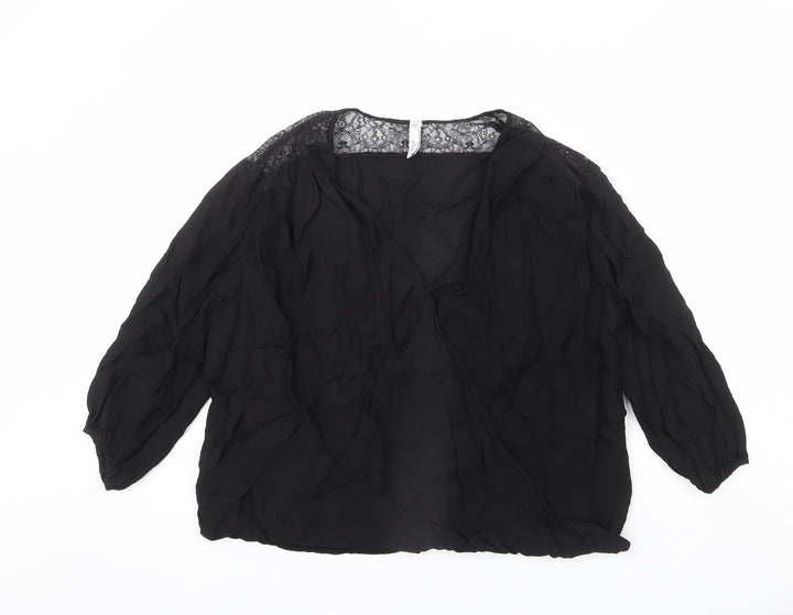 Mango Womens Black Viscose Basic Blouse Size L V-Neck - Lace Detail