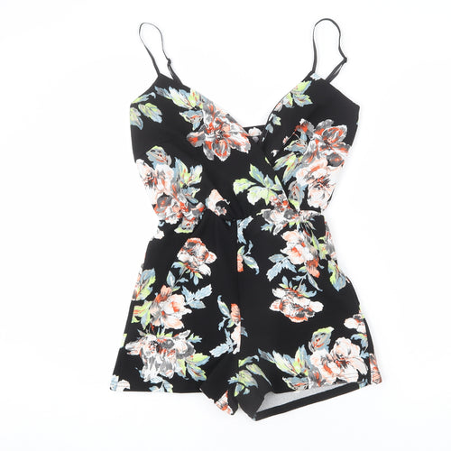 Boohoo Womens Black Floral Polyester Romper One-Piece Size 10 L3 in Pullover