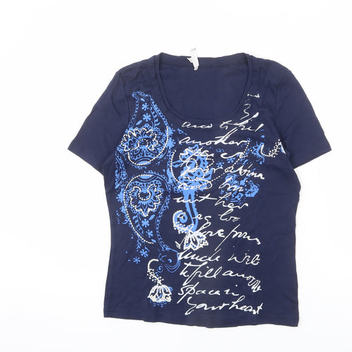 Marco Pecci Womens Blue Cotton Basic T-Shirt Size 10 Scoop Neck