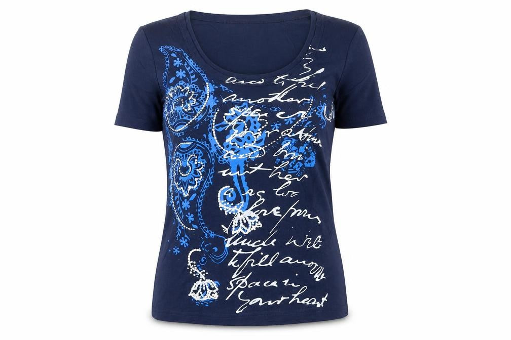 Front view of Marco Pecci women’s blue cotton basic t-shirt, size UK 10, scoop neck