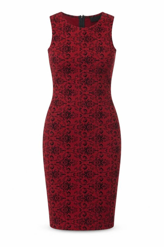 Front view of AX Paris women’s red geometric polyester bodycon, size UK 12, round neck zip