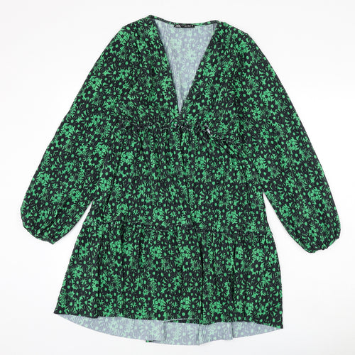 Zara Womens Green Floral Polyester A-Line Size M V-Neck Pullover