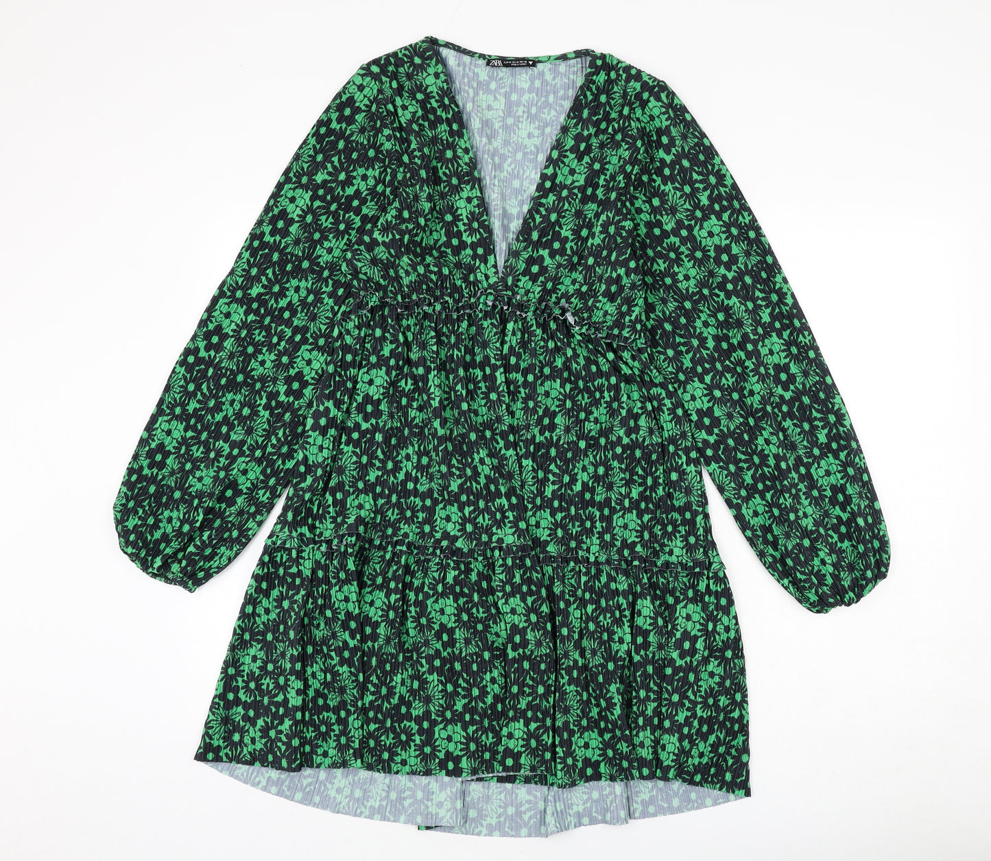 Zara Womens Green Floral Polyester A-Line Size M V-Neck Pullover