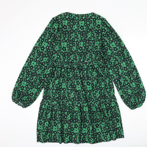 Zara Womens Green Floral Polyester A-Line Size M V-Neck Pullover