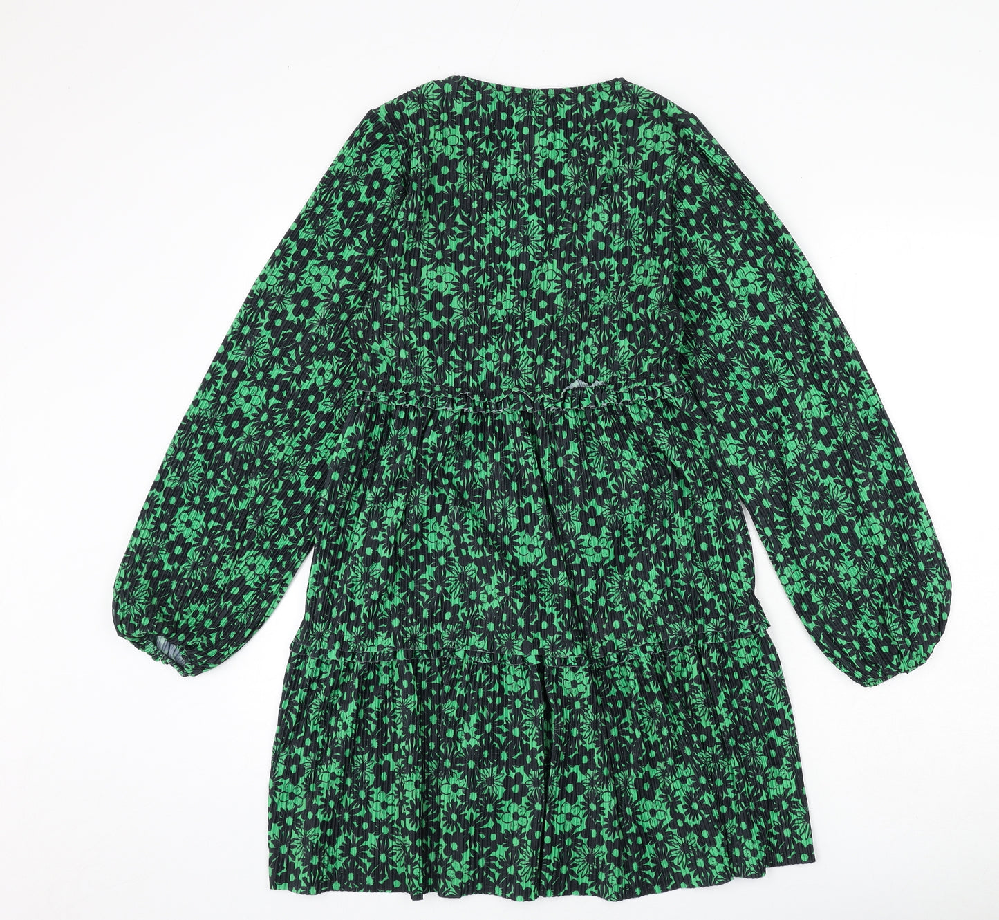 Zara Womens Green Floral Polyester A-Line Size M V-Neck Pullover