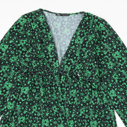 Zara Womens Green Floral Polyester A-Line Size M V-Neck Pullover