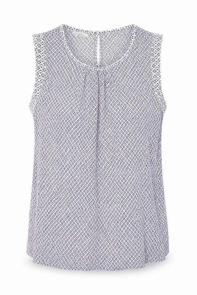 Front view of Next women’s blue geometric viscose basic t-shirt, size UK 14, round neck