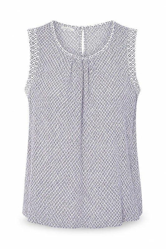 Front view of Next women’s blue geometric viscose basic t-shirt, size UK 14, round neck