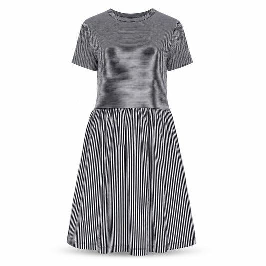 Front view of &et women’s blue striped viscose a-line, size UK 8, round neck pullover
