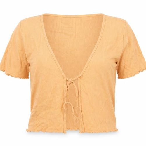 Monki Womens Orange Cotton Cropped T-Shirt Size L V-Neck