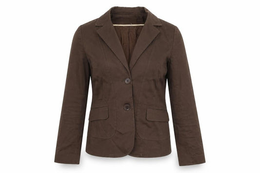 Front view of Cyrillus women’s brown jacket blazer, size UK 10, button